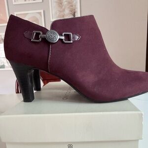 Bandolino Burgundy Suede Ankle Bootie with Silver-Tone Accent